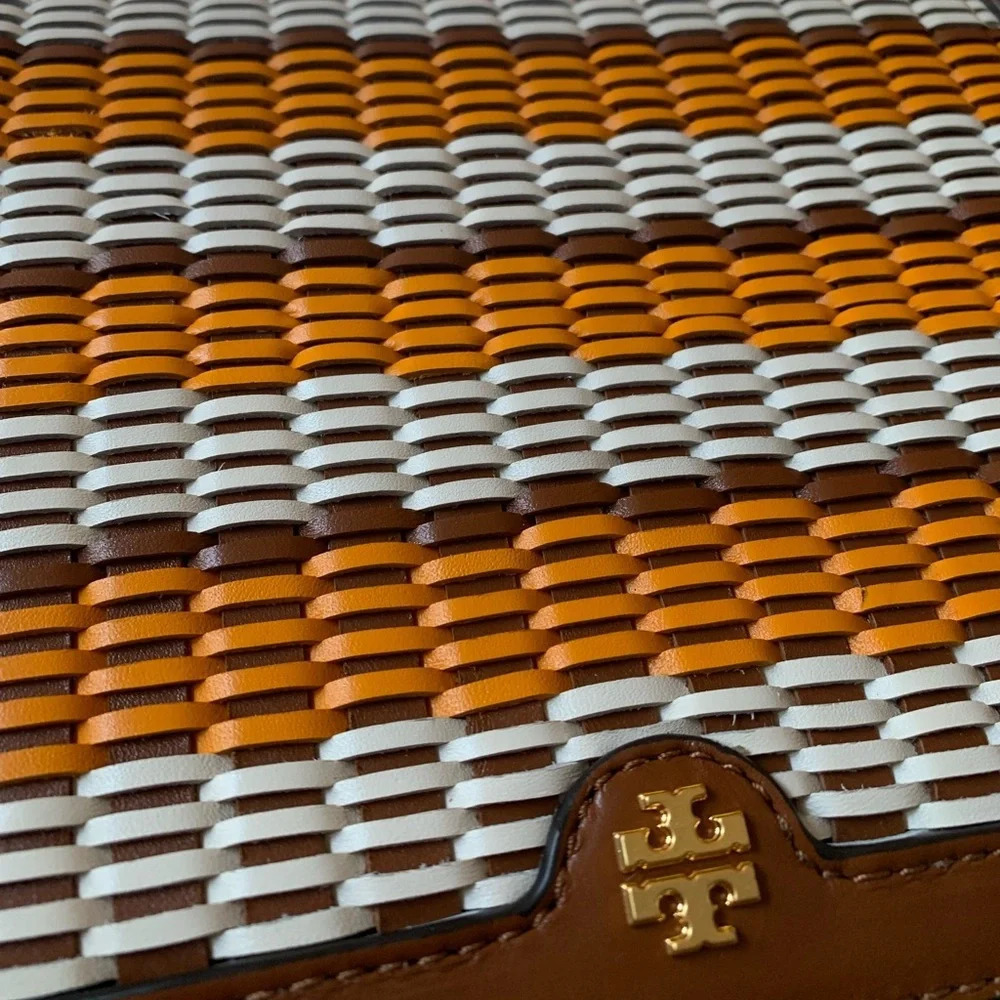 Tory Burch Emerson Woven Crossbody Bag Multicolor Orange White Tan Brown Gold - Picture 3 of 15